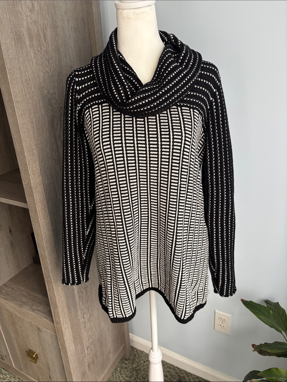 Calvin Klein Black & White Striped Cowl Neck Sweater